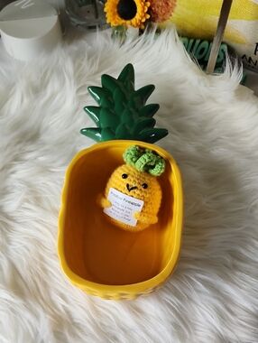 Yellow Ceramic Pineapple Dish with Green Top
